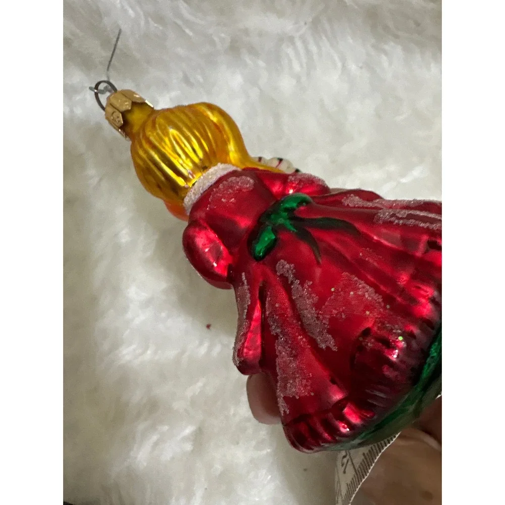 Vintage Blown Glass Girl Ornament Red Dress Victorian Lady Christmas Fan Decor